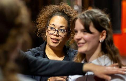 Tina Ulee ’99, an Emmy Award nominee, works with Owl student Ashley Doyle ’26 on costumes for Evening of Dance. Owl Theater and Dance majors gain experience and inspiration by working with grads who have found success in the field.